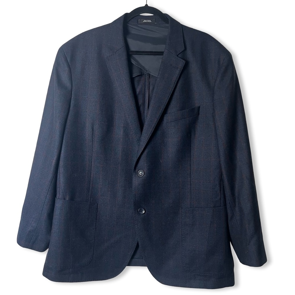 Nordstrom Trim Fit Marzotto Super 110s Wool Plaid Blazer Men Navy Sz 50R